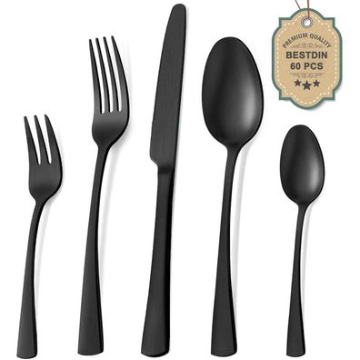 Bestdin Besteck Set 60-teilig Schwarz Matt für 12 Personen, Edelstahl Essbesteck
