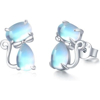 Trishula 925 Sterling Silber Katzen Ohrstecker mit Mondstein, Hypoallergen
