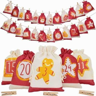 Adventskalender zum Befüllen, 24 Jutesäckchen 13x18cm, Weihnachtskalender 2025