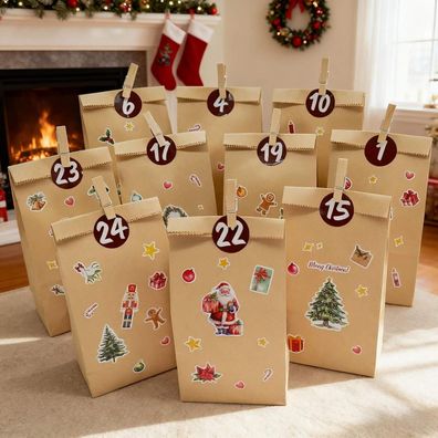 Adventskalender zum Befüllen 2025: 24 Kraftpapiertüten mit Stickern, Klammern