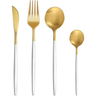 Bestdin Besteck Set 24-teilig für 6 Personen, Weiß Gold Matt, Edelstahl