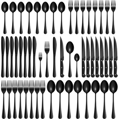 Velaze Besteck Set Schwarz 48-teilig für 8 Personen mit Steakmessern
