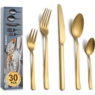 BEWOS Besteckset 30-teilig für 6 Personen, mattgoldener Edelstahl, quadratische