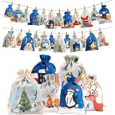 Adventskalender zum Befüllen, 24 Stoff-Säckchen in 2 Größen, Weihnachtskalender