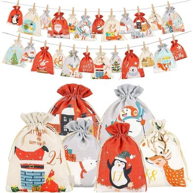 Adventskalender zum Befüllen, 24 Stoff-Säckchen mit weihnachtlichen Designs, 2