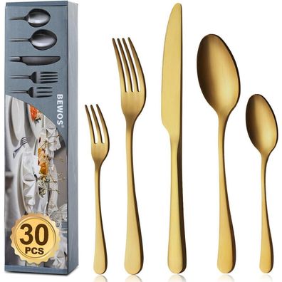BEWOS Besteck Set für 6 Personen, 30-teilig Titanium Gold Essbesteck Set