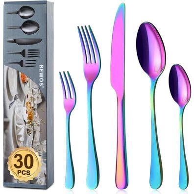 BEWOS Regenbogen Besteck Set 30-teilig für 6 Personen, Edelstahl