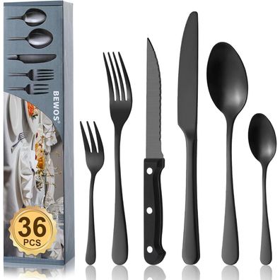 BEWOS 36-teiliges schwarzes Besteckset aus Premium-Edelstahl für 6 Personen
