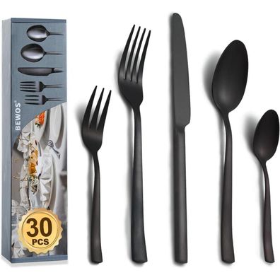 BEWOS Besteckset 30-teilig für 6 Personen aus Edelstahl, Mattschwarz