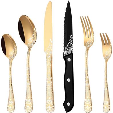 HONKKU 36-teiliges Besteck Set Gold für 6 Personen, Edelstahl mit Steakmessern