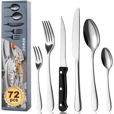 BEWOS 72-teiliges Premium Edelstahl Besteckset für 12 Personen mit