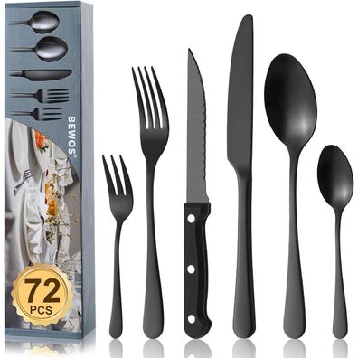 BEWOS 72-teiliges schwarzes Besteckset für 12 Personen, Premium-Edelstahl