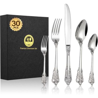 BEWOS 30-teiliges Besteckset aus Edelstahl im Palast-Design, silberfarben