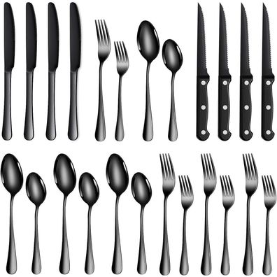 TAN REN Besteck Set Schwarz Matt 24-teilig für 4 Personen, Edelstahl mit