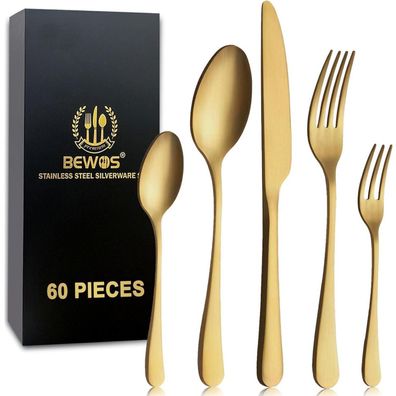 BEWOS Besteck Set für 12 Personen, 60-teilig, Titanium Gold Essbesteck