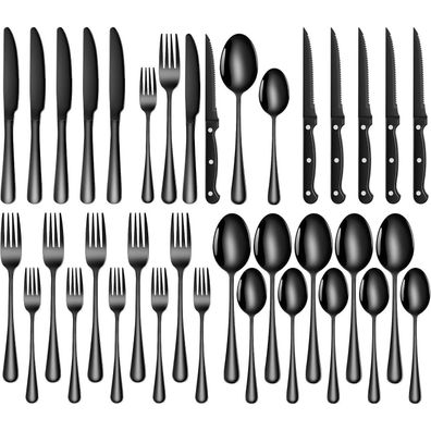 TAN REN Besteck Set Schwarz 36-Teilig für 6 Personen, Elegantes Edelstahl