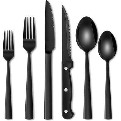 Terlulu 36-teiliges Edelstahl Besteckset mit Steakmesser, Schwarz, für 6