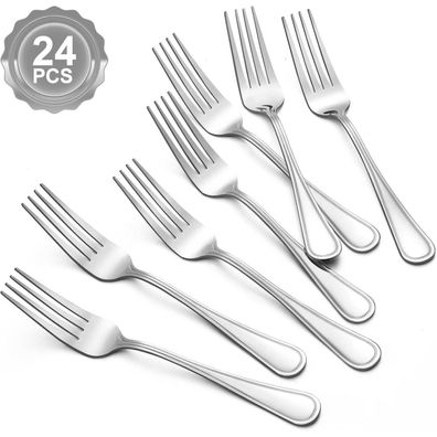 BEWOS Edelstahl Gabeln Set, 24 Stück, 20cm, Spiegelpoliert, Gemusterter Griff