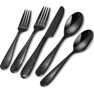 HONKKU 30-teiliges Besteckset für 6 Personen, Schwarz, Gehämmert, Edelstahl