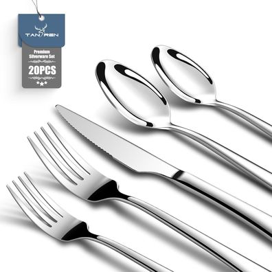 TAN REN Edelstahl Besteck Set für 4 Personen, 20-teilig, elegant und