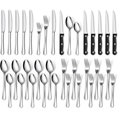 TAN REN 36-teiliges Edelstahl Besteckset für 6 Personen mit Steakmessern, Silber