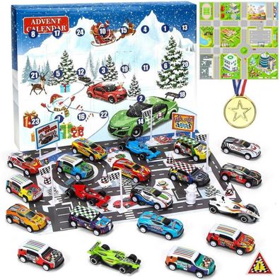 Sprinlot Adventskalender Auto für Kinder, Rennspielzeug mit Medaille und