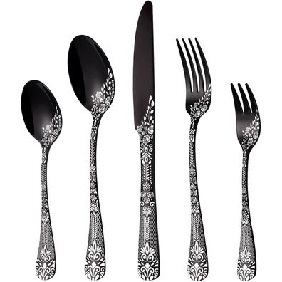HONKKU 30-teiliges Besteck Set Schwarz für 6 Personen, Edelstahl, Spiegel