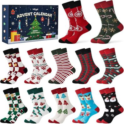 Moyel 12 Paar Adventskalender Socken Herren 43-46, Lustige Weihnachtsgeschenke