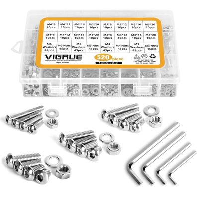 VIGRUE 520tlg M3-M6 Edelstahl Schrauben Set mit Muttern und Unterlegscheiben