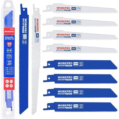 Workpro Säbelsägeblätter Set 10-teilig Bi-Metall 152mm/230mm für Metall, Holz