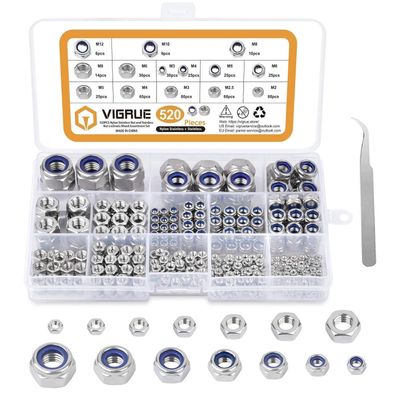 VIGRUE 520 Stück Edelstahl Sicherungsmuttern DIN985 & DIN934 A2-70, 9 Größen