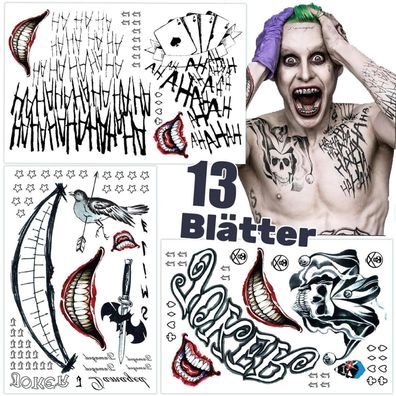 13 Blatt Jok Temporäre Halloween Tattoos für Erwachsene - Fake Clown Joker