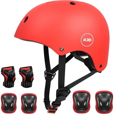 XJD Kinder Fahrradhelm & Skaterhelm Set für 3-13 Jahre, Rot, Größe S (51-54 cm)
