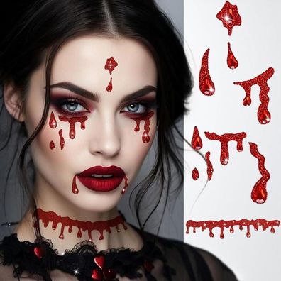 Vampir Schminke Erwachsene Halloween Tattoos Glitzersteine Gesicht