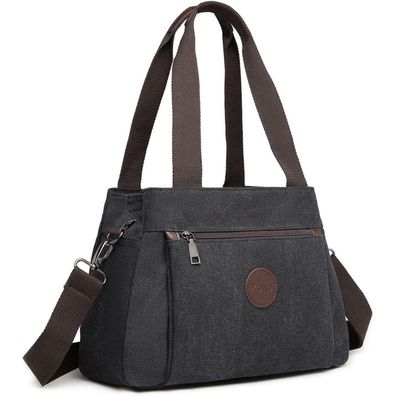 KONO Canvas Handtasche Damen Schultertasche Schwarz - Leicht und geräumig