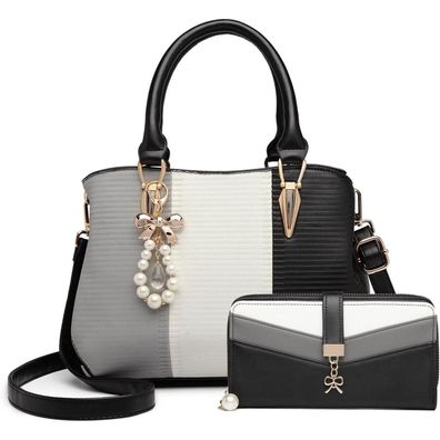 Miss Lulu Damen Handtasche Henkeltasche mehrfarbig PU Leder mit Perle und