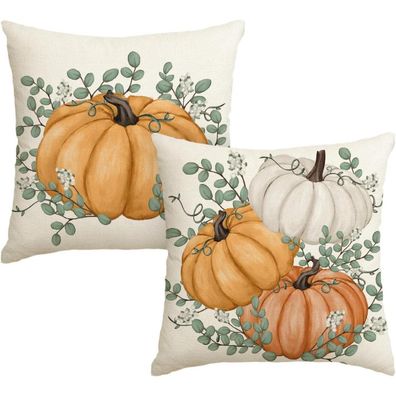 Artoid Mode 2er Set Kissenbezüge 50x50 cm Orange Kürbisse Eukalyptus Herbst Deko