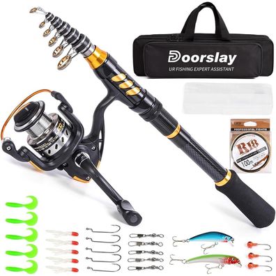 doorslay Tragbares Angelset Typ B-2.4M: Teleskop Angelrute, Angelrolle, Köder