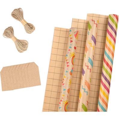 Ruspepa Geschenkpapierrollen mit Anhänger & Juteschnur - 3 Rollen, 43cm x 3m