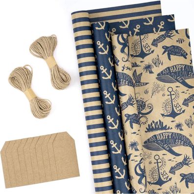 Ruspepa Packpapierrollen mit Etiketten & Jute-Schnur - 3 Rollen, 43cm x 3m