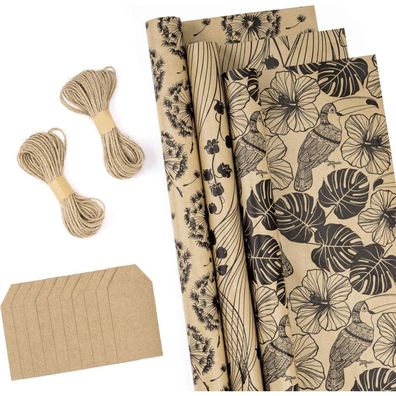 Ruspepa Geschenkpapier mit Etiketten & Juteschnur - 3 Rollen, 43cm x 3m, Blumen