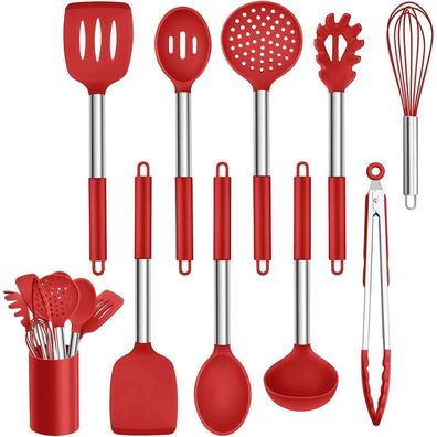 Homikit 10-teiliges Silikon Küchenhelfer Set mit Edelstahlgriff, Rot - Antihaft