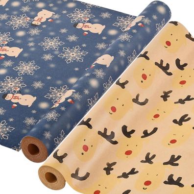 AhfuLife 2 Rollen Geschenkpapier Weihnachten Set, 43cm x 15m Kraftpapier für