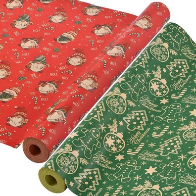 AhfuLife 2 Rollen Weihnachtsgeschenkpapier Set, 43cm x 15m Nature Kraftpapier