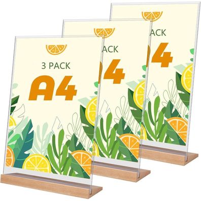 Yoosso 3 Stück A4 Tischaufsteller L-Form mit Holzfuß, Acryl Preisschild