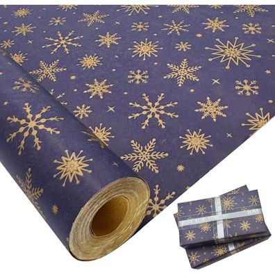 Geschenkpapierrolle 76 cm x 12 m, blaues Kraftpapier mit Schneeflockenaufdruck