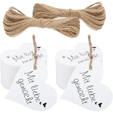 jijAcraft 100x Herz Geschenkanhänger "Mit Liebe Gemacht", 6cm Kraftpapier