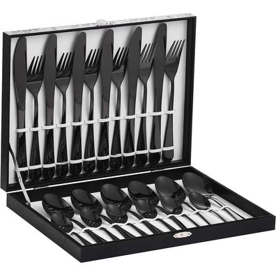 Velaze Besteck Set Schwarz, 24 Teile für 6 Personen, Edelstahl 18/10, poliert