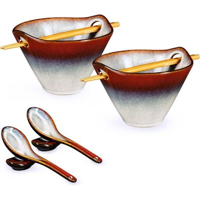 Henxfen LEAD Ramen Schüssel Set aus Keramik, 2 Stück, 600ml, mit Essstäbchen
