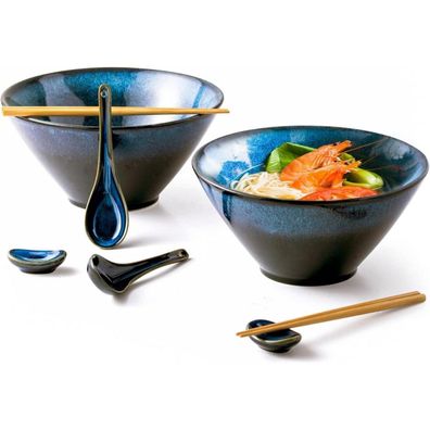 Henxfen LEAD Keramik Ramen Schüssel Set, 2L Groß, Blau, 8-teilig